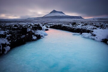 Poster - Breathtaking view of a frozen water stream with a view of a rocky mountain in the background