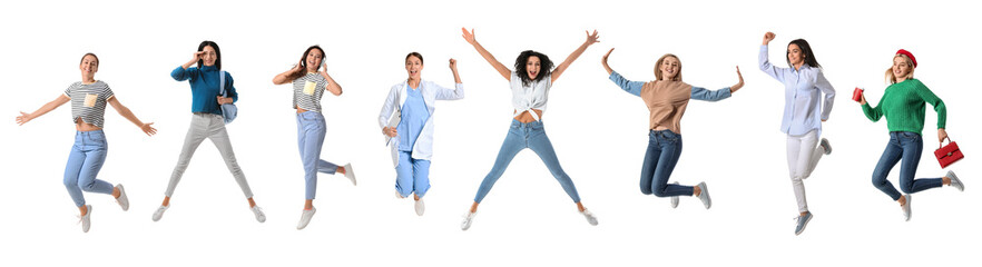 Sticker - Collage of happy jumping women on white background