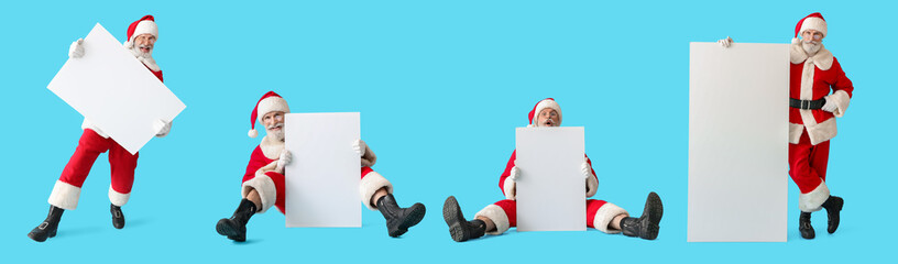 Wall Mural - Set of Santa Claus with blank poster on light blue background