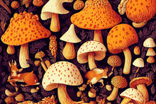 Many Cute Mushrooms As Autumn Forest Background Pattern