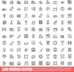 Poster - 100 media icons set. Outline illustration of 100 media icons vector set isolated on white background