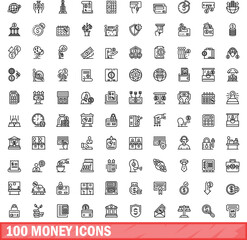 Poster - 100 money icons set. Outline illustration of 100 money icons vector set isolated on white background