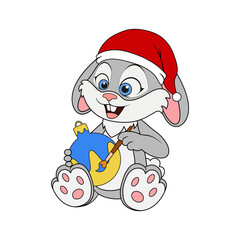 Wall Mural - Happy rabbit in Santa hat sitting and painting brush christmas ball. Rabbit as symbol of 2023 Chinese New Year. Cartoon character of bunny or hare with toy. New year art for kids. Celebration concept.