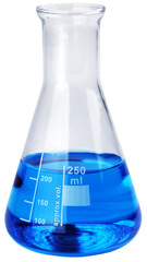 Laboratory test glass container with blue liquid test sample isolated