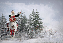 Christmas Card With Santa Riding On A White Wolf In The Winter Forest With Gifts And Snow