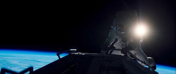 portrait of female astronaut performing spacewalk, working on a outer part of a space craft. space e