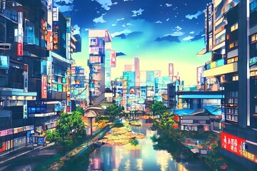 Sticker - Anime japanese city landscape. Town street urban building. Downtown house in anime style