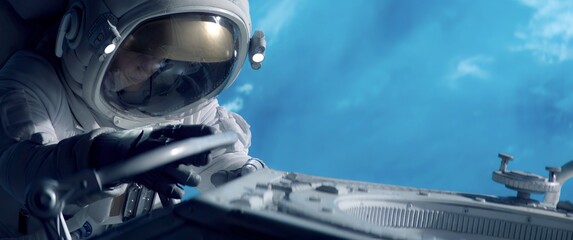 Wall Mural - portrait of female astronaut performing spacewalk, working on a outer part of a space craft. space e