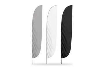 Wall Mural - Black, white and grey feather flags banners mockup isolated on white background. 3d rendering.