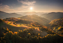 Aerial View Of Beautiful Orange Trees On The Hills And Mountains In Fog At Sunset In Autumn In Ukraine. Colorful Landscape With Foggy Woods, Meadows, Golden Sunlight, Sky. Forest In Fall. Top View