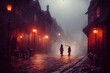 3D rendering of fantasy matte painting of a Victorian street