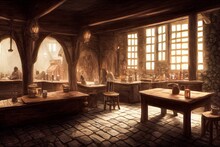 Hyper-realistic Illustration Of A Dark Moody Medieval Tavern Inn Interior
