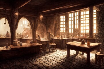 Wall Mural - hyper-realistic illustration of a dark moody medieval tavern inn interior