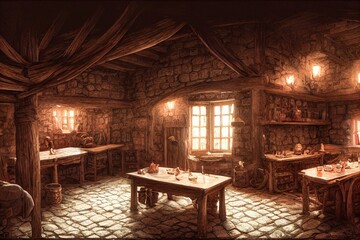 Wall Mural - hyper-realistic illustration of a dark moody medieval tavern inn interior