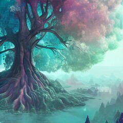 Wall Mural - 3D rendering of big tree with giants roots near water