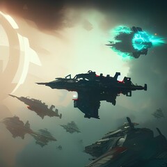 Wall Mural - digital 3d render of fantasy satellites in space surrounded by planets and asteroids