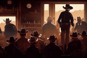 Illustration of sheriffs arresting criminals in a bar