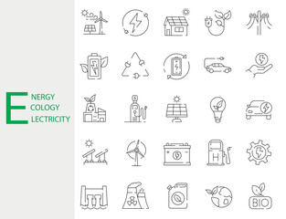 Enegry, electicity, energy, alternative source set. Collection of eco line icons. Editable stroke