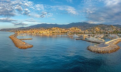 Wall Mural - Drone panorama over the harbour of the Italian city of San Remo