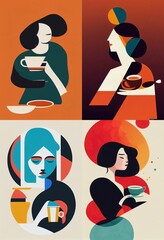 Poster - Vertical abstract illustration of women with cups of coffee. Coffee lover.