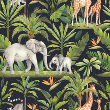 Seamless Pattern With Watercolor Tropical Palm Trees And Animals On A Dark Background. African Fauna: Elephant, Baby Elephant, Giraffe And Lemur. Hand-drawn Illustration Of A Tropical Forest.