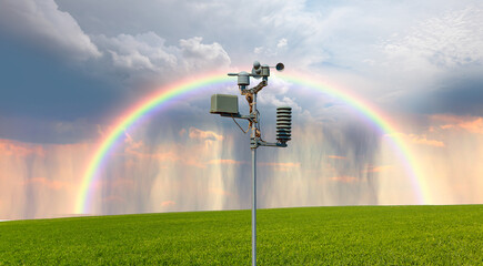 Wall Mural - weather station automatic measurement of weather parameters with stormy sky and rain, rainbow