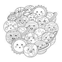 Cute Planets Circle Shape Pattern. Solar System Planets Coloring Page. Space Black And White Mandala For Coloring Book.  Vector Illustration