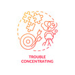 Difficulty concentrating red gradient concept icon. Inability to work. Poor focusing. Short attention span abstract idea thin line illustration. Isolated outline drawing. Myriad Pro-Bold font used