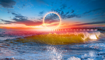Wall Mural - Beautiful landscape with solar eclipse at sunset