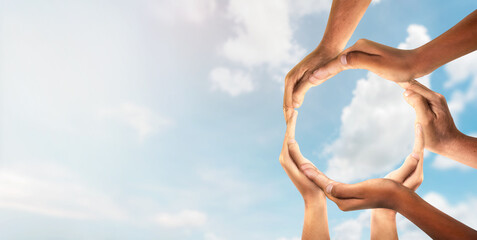 Wall Mural - Symbol and shape of circle created from hands.The concept of unity, cooperation, partnership, teamwork and charity. diversity of a diverse group of people connected together as a supportive symbol.