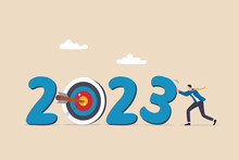 Year 2023 Business Target, New Year Resolution Or Challenge To Achieve Goal, Aim For Business Success, Growth Or Motivation To Succeed Concept, Businessman Changing Year To 2023 Target.