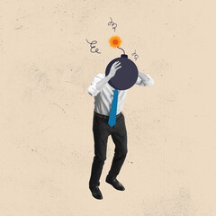 Failed and stressed businessman is tired to work. Businessman feeling stress with emotional expression. Creative art collage or design. Concept of business