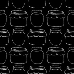 Wall Mural - Seamless pattern with white jars of jam illustration on black background