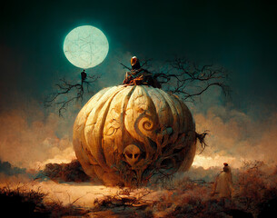 Wall Mural - Watercolor illustration of a ghost pumpkin in a fantasy landscape. Unreal world. Jack-o'-lantern. Desert scenery with night theme. Halloween illustration, scary pumpkin. Generative AI