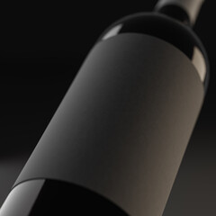 Mockup, template, blank label. A bottle with red wine and a label on a dark background with great depth of field. Close-up. 3d illustration, rendering