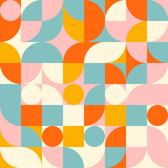 Leinwandbilder - Retro geometric aesthetics. Bauhaus and avant-garde inspired vector background with abstract simple shapes like circle, square, semi circle. Colorful pattern in nostalgic pastel colors.