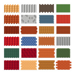 Sticker - Roofs tiles of different materials vector illustrations set. Cartoon drawings of clay, stone, glass roof profile sheets for house or home roof on white background. Construction, materials concept