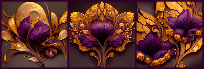 Art Nouveau purple flowers in a gold frame. Graceful precious collection of three images. 