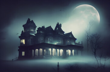 Full moon shines over a creepy haunted house. 