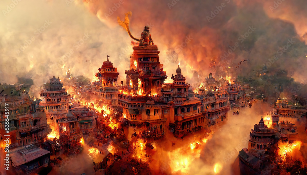 AI generated image of Lanka dahan - the scene from the epic Ramayana ...
