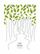 © Ira - Environmentally friendly concept. Tree crowns, made of green leaves and hand drawn cartoon sketch of tree trunks. Save environment rescue the forests. Plant the tree. Stop deforestation.