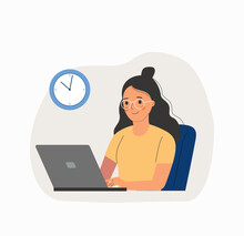 Young Woman Working At Her Office. Vector Flat Style Cartoon  Illustration