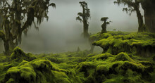Moss Covert Landscape, Lush Vegetation In A Foggy Forest