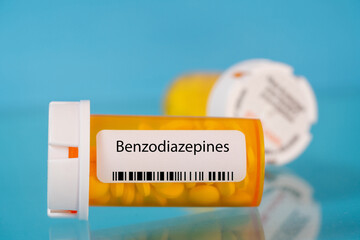 Canvas Print - Benzodiazepines. Benzodiazepines pills in RX prescription drug bottle