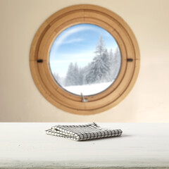 Canvas Print - Winter window and table of free space for your decoration. 