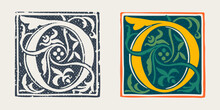O Letter Logo In Medieval Gothic Style. Set Of Dim Colored And Monochrome Grunge Style Emblems.
