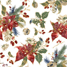 Watercolor Christmas Seamless Pattern Of Gold Contour Poinsettia, Fir Branches And Berries. Hand Painted Holiday Flowers Isolated On White Background. Illustration For Design, Print Or Background.