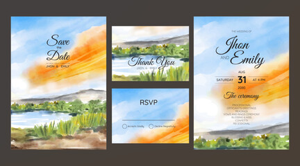 Wall Mural - Wedding invitation with reflection of pine trees and mountain in lake watercolor