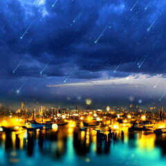 Wall Mural - night city blurred light under dramatic starry sky and moon star fall on bright cosmic nebula univer