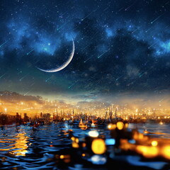 Wall Mural - night city blurred light under dramatic starry sky and moon star fall on bright cosmic nebula univer